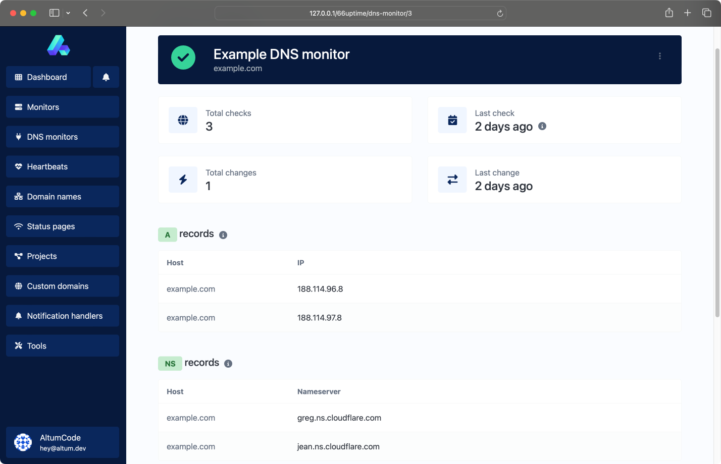 Screenshot of the app DNS monitor page